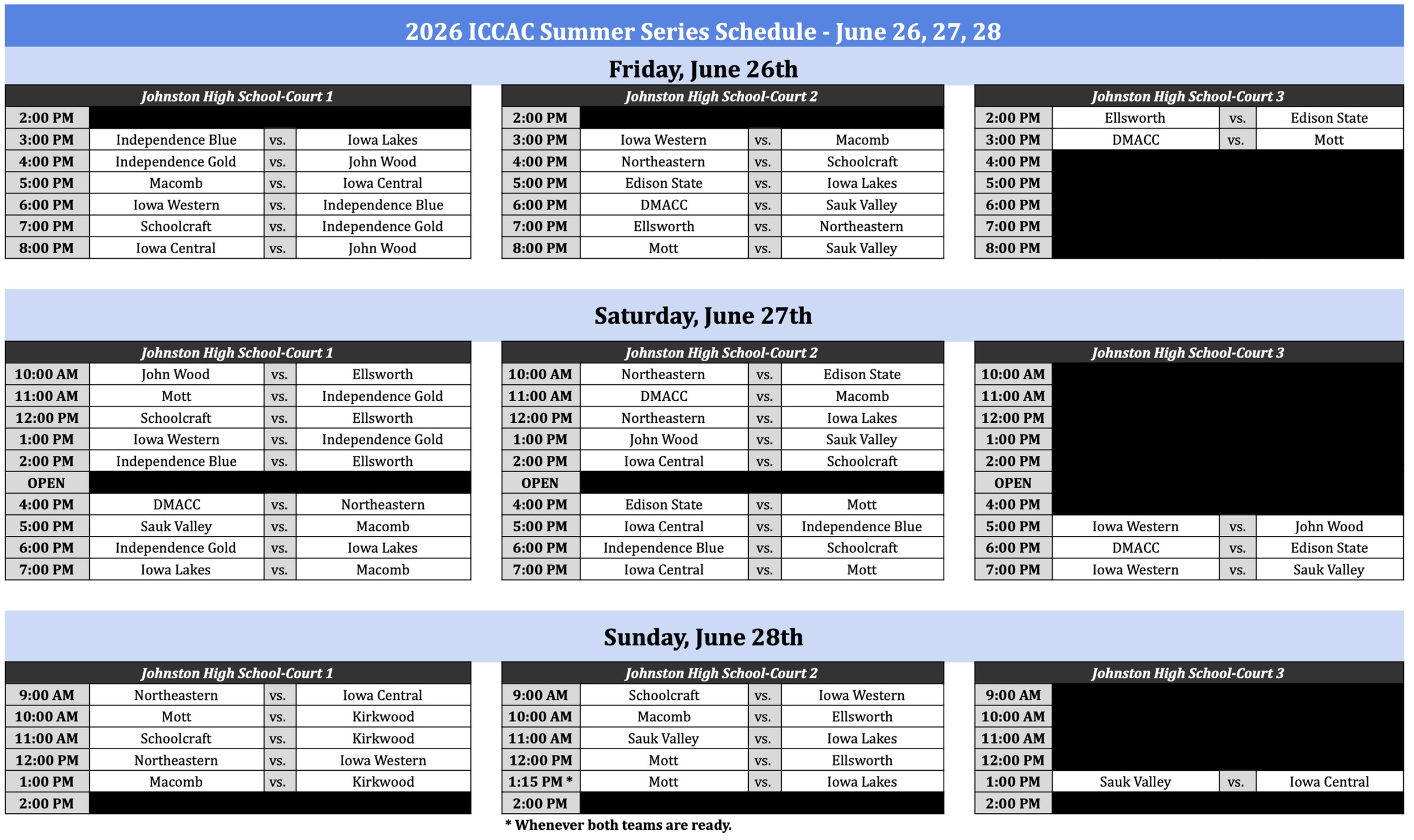 Graphic promoting the 2026 ICCAC High School Team Camp, June 26&ndash;28 in Johnston, Iowa, featuring the ICCAC logo and basketball-themed design.