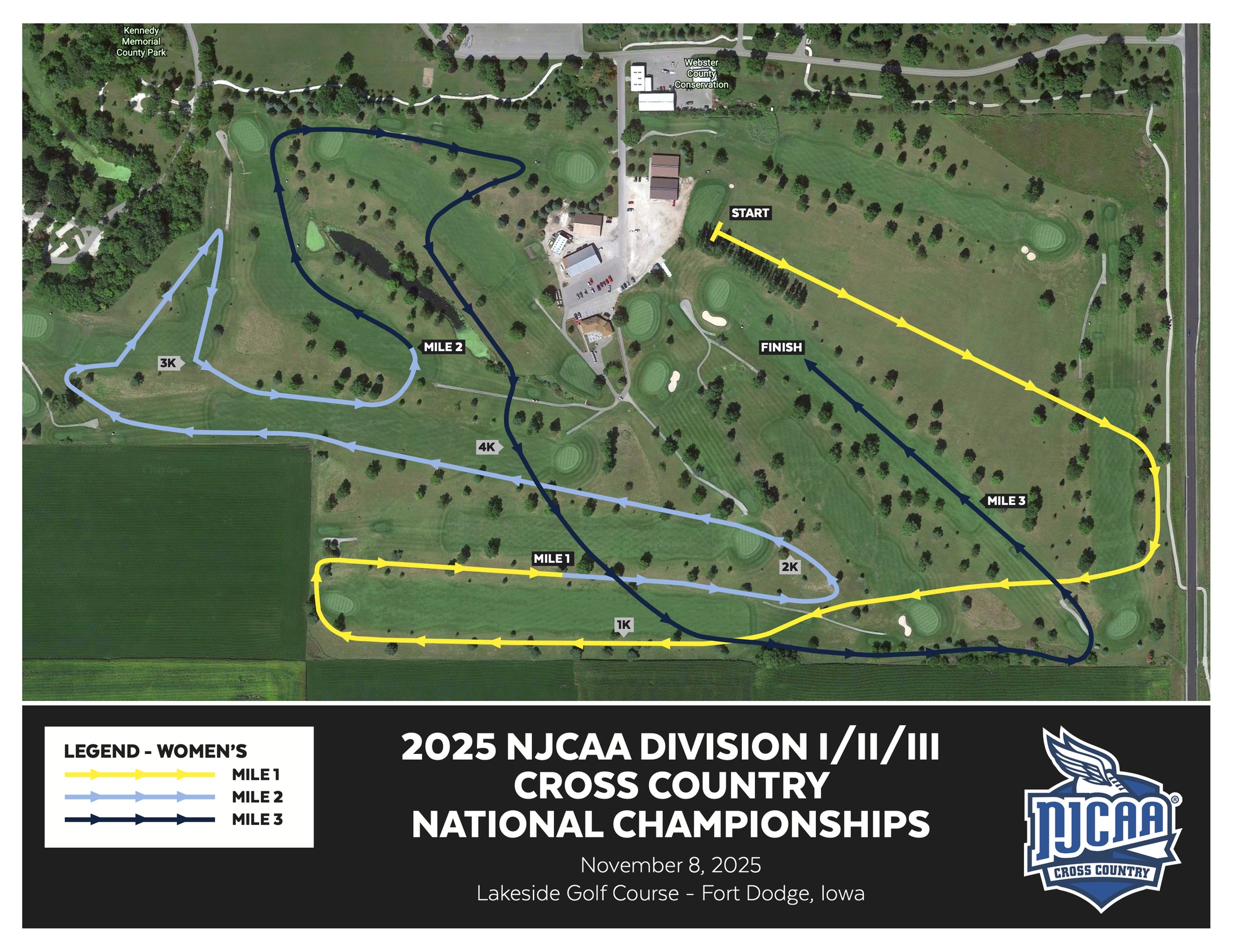 Map of the 2025 NJCAA Cross Country Championships course at Lakeside Golf Course, Iowa. It shows start, finish, and 5K route color-coded for miles.