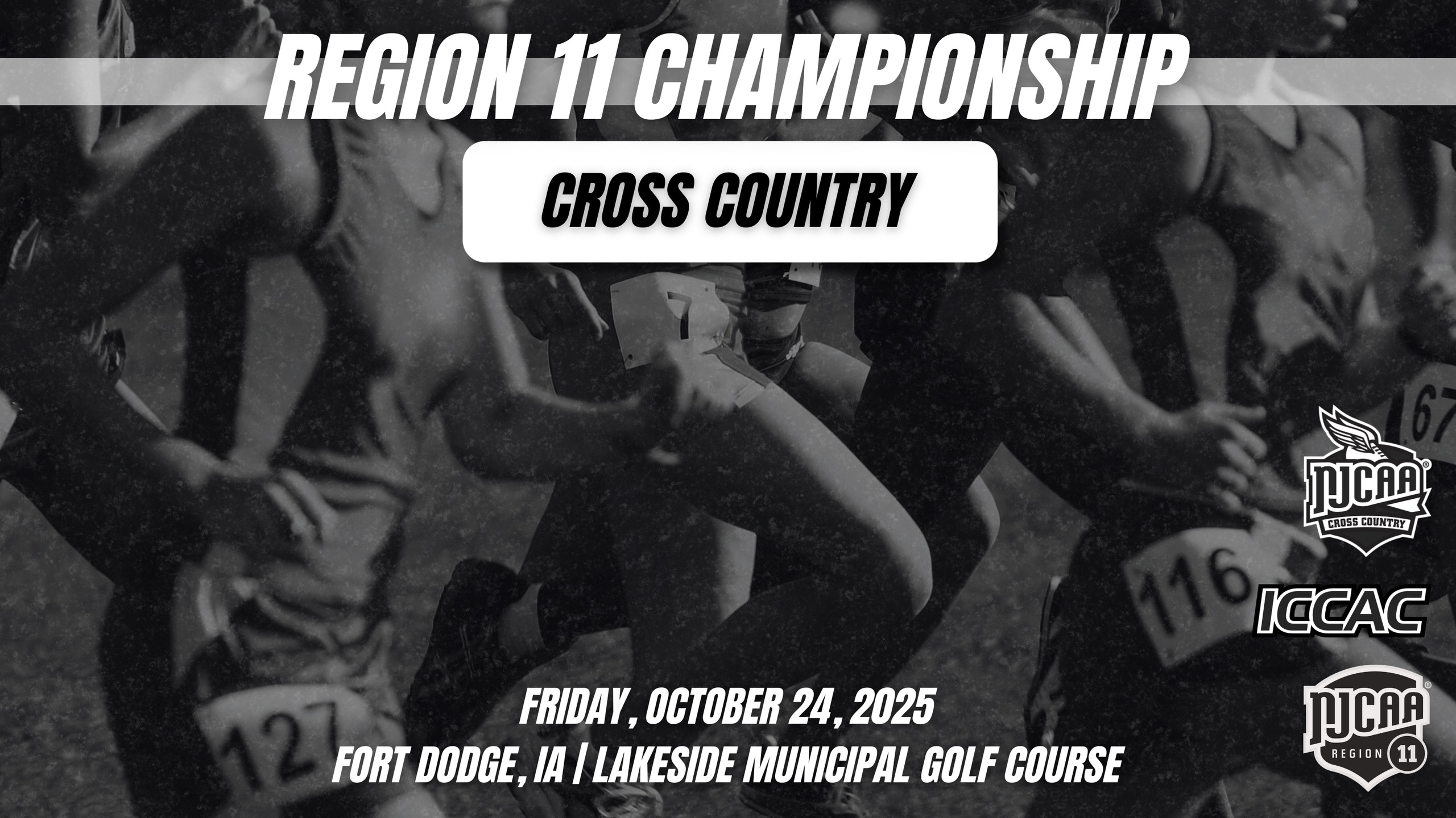 Black and white image of runners in motion at a cross country event. Text overlays reading "Region 11 Championship, Cross Country" with event details.